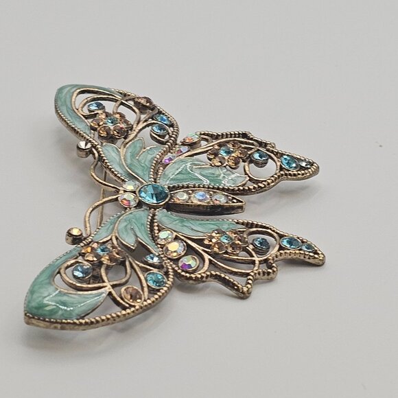 VTG 2PC Brooch Lot Gold tone Green Brown Rhinestone Enamel Fairycore Butterflies - Picture 9 of 16
